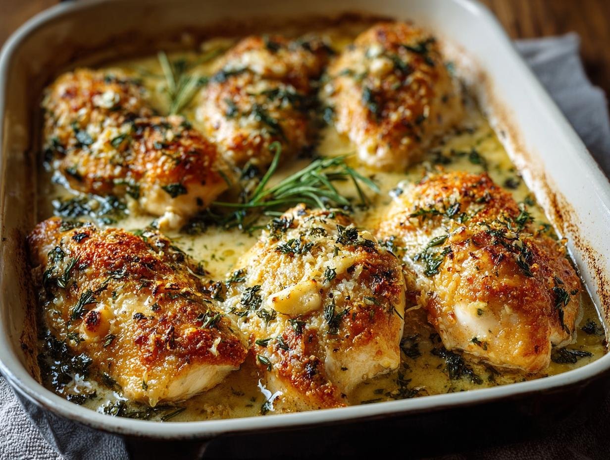 Plat de poulet au parmesan et à l'ail doré, baignant dans une sauce crémeuse et garni d'herbes fraîches.