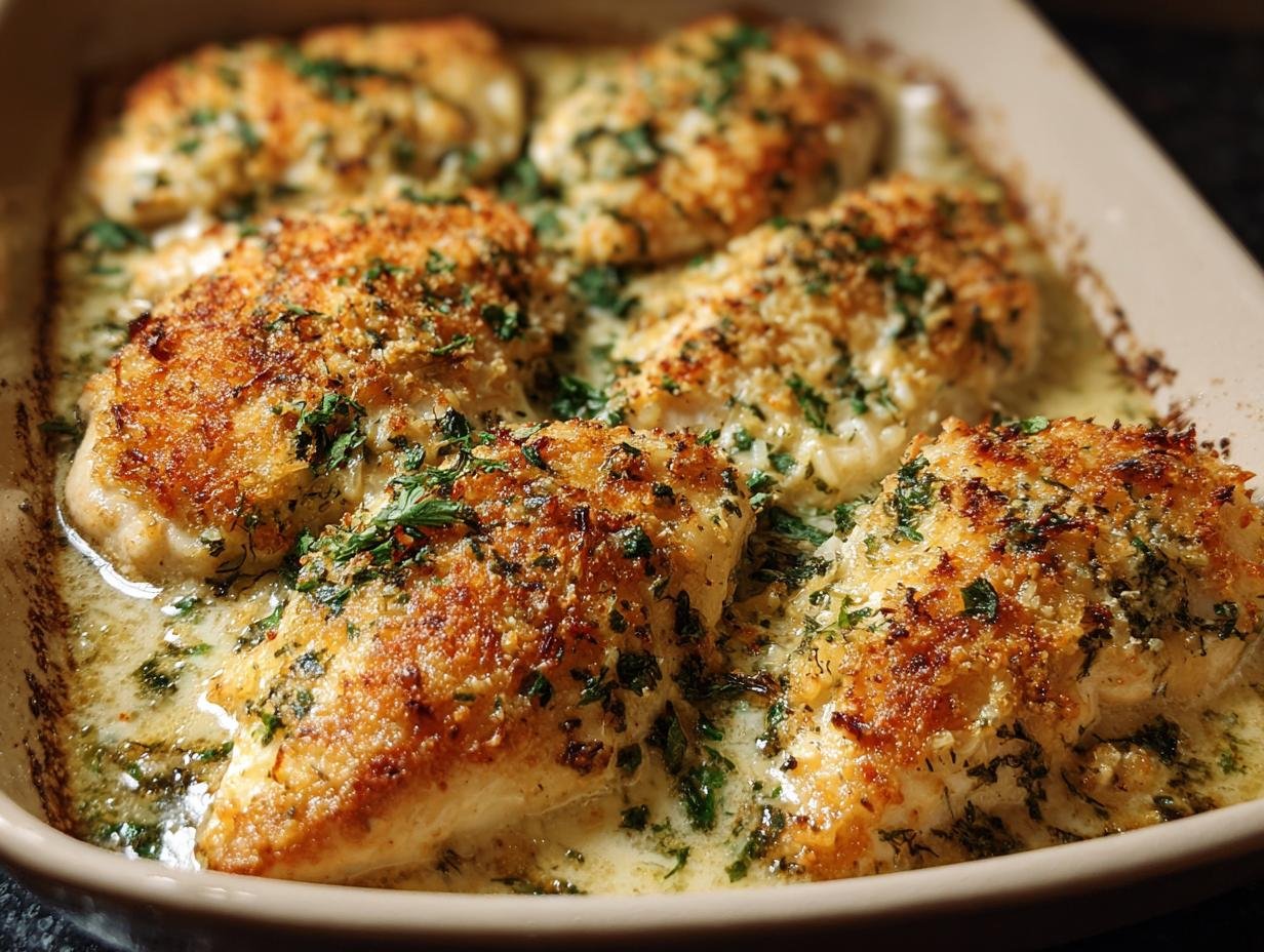 Gros plan sur des poitrines de poulet au parmesan et à l'ail dorées, garnies d'herbes fraîches, dans un plat de cuisson.