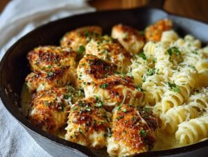 Gros plan de poulet au parmesan et ail doré et gratiné, servi avec des pâtes fusilli dans une poêle.