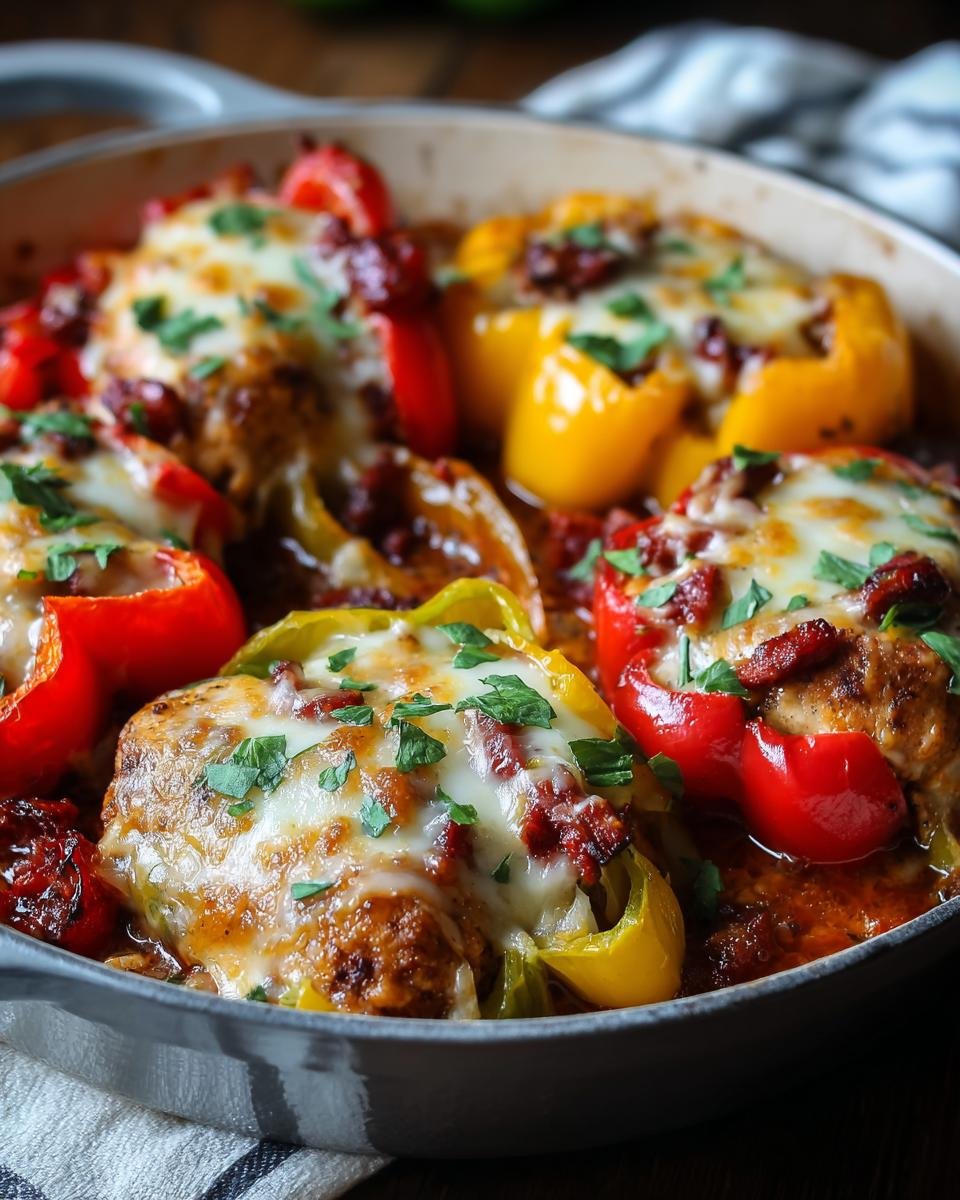 Gros plan de poivrons farcis au poulet, recouverts de fromage fondu et de persil.