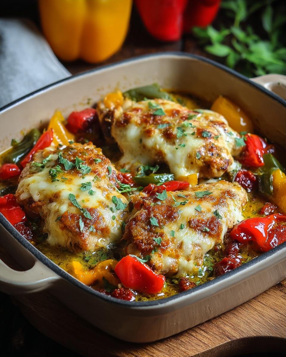 Plat de poulet aux poivrons et fromage fondu, garni de persil frais.