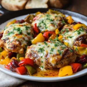 Plat de poulet aux poivrons et fromage fondu, garni de persil frais.