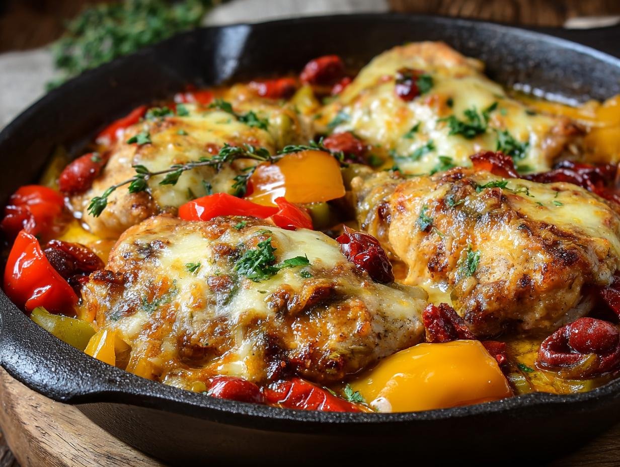 Gros plan de poulet aux poivrons et fromage fondu dans une poêle en fonte, garni d'herbes fraîches.