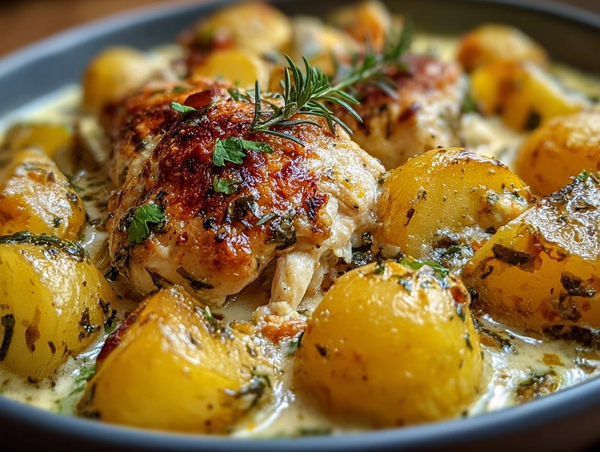Gros plan sur un plat de poulet et pommes de terre à l'ail crémeux, garni de romarin frais.