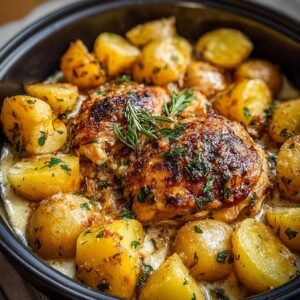 Gros plan sur du poulet et des pommes de terre à l'ail dans un plat, garni de romarin frais et de persil.