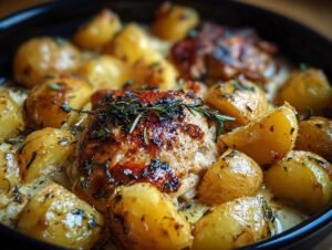 Gros plan sur un plat de poulet et pommes de terre à l'ail, doré et garni d'herbes fraîches.