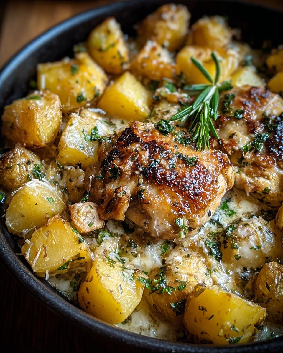 Gros plan sur un plat de poulet et pommes de terre à l'ail, garni de romarin frais et de persil.