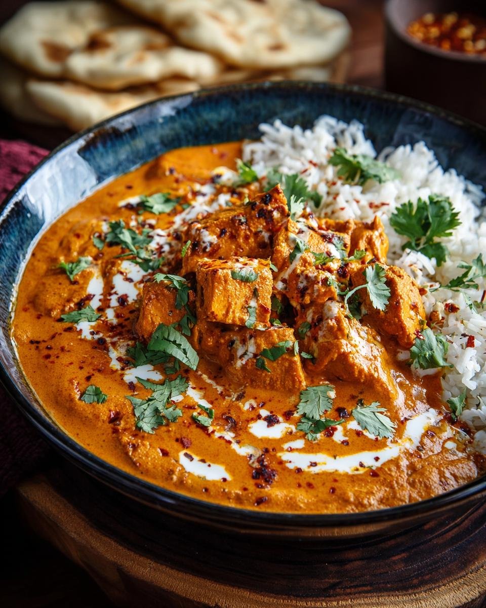 Un bol de Poulet Tikka Masala à la Mijoteuse servi avec du riz blanc et garni de coriandre fraîche.