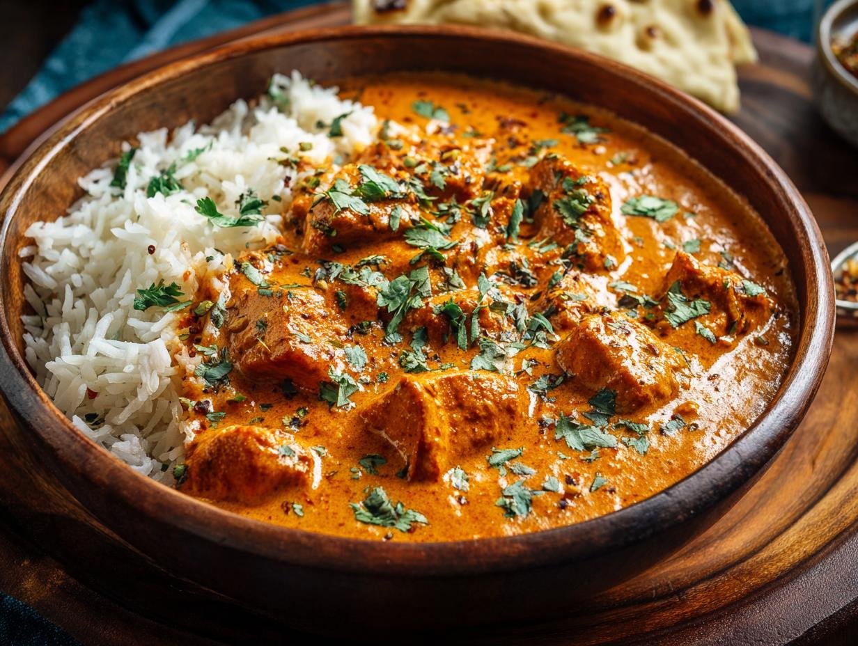 Gros plan d'un bol en bois rempli de Poulet Tikka Masala à la Mijoteuse et de riz blanc, garni de coriandre fraîche.