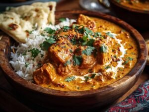 Gros plan sur un bol de Poulet Tikka Masala à la Mijoteuse crémeux, servi avec du riz et du pain naan.