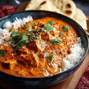 Gros plan d'un bol de Poulet Tikka Masala Mijoteuse servi sur du riz blanc, garni de coriandre fraîche.