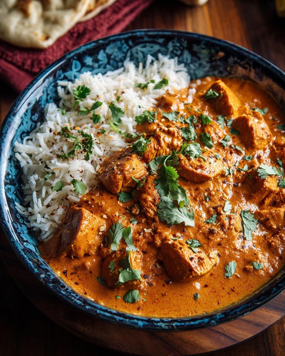 Gros plan d'un bol de Poulet Tikka Masala à la Mijoteuse avec du riz basmati et de la coriandre fraîche.
