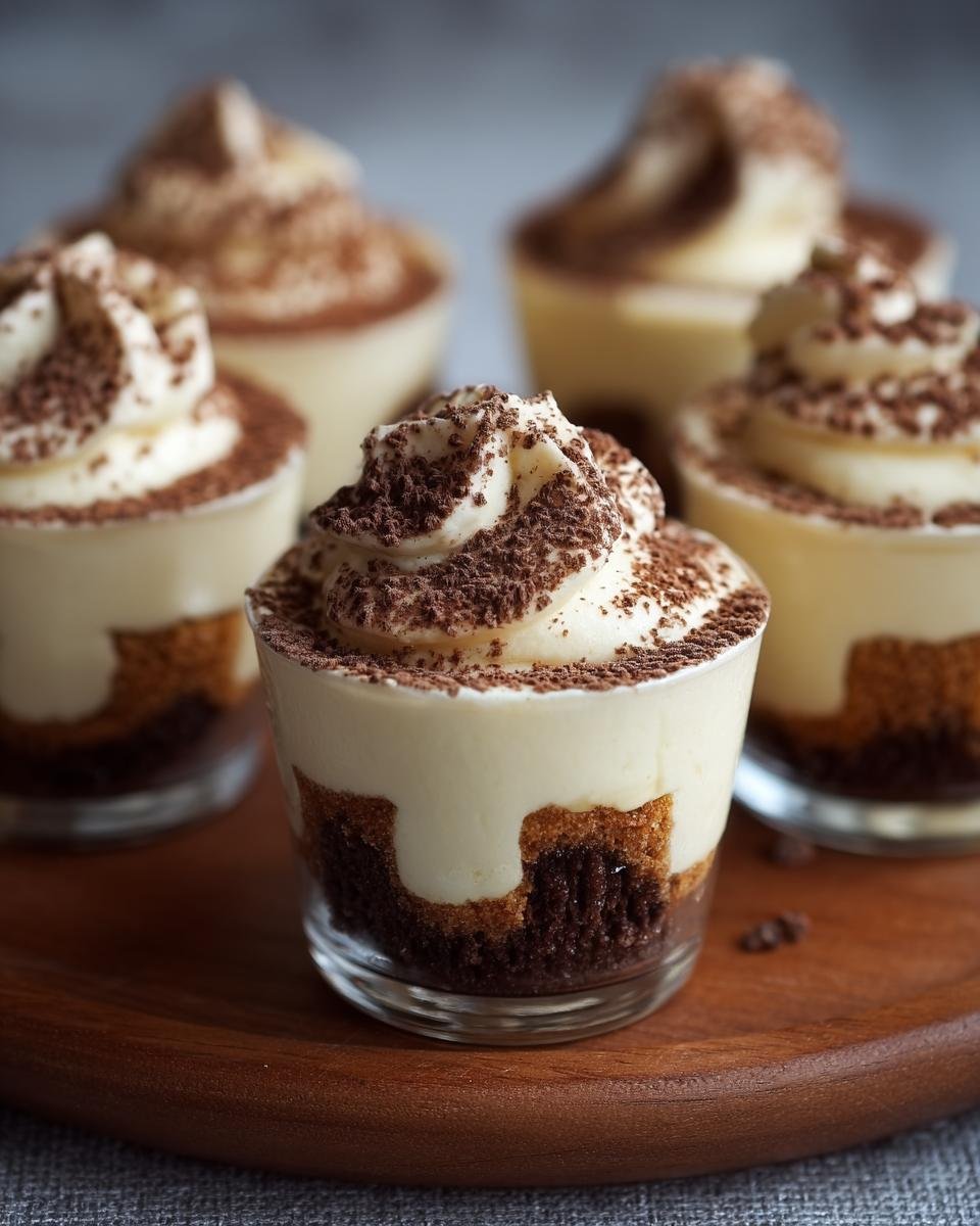 Gros plan sur des tiramisu cups individuels, garnies de crème fouettée et de cacao râpé.