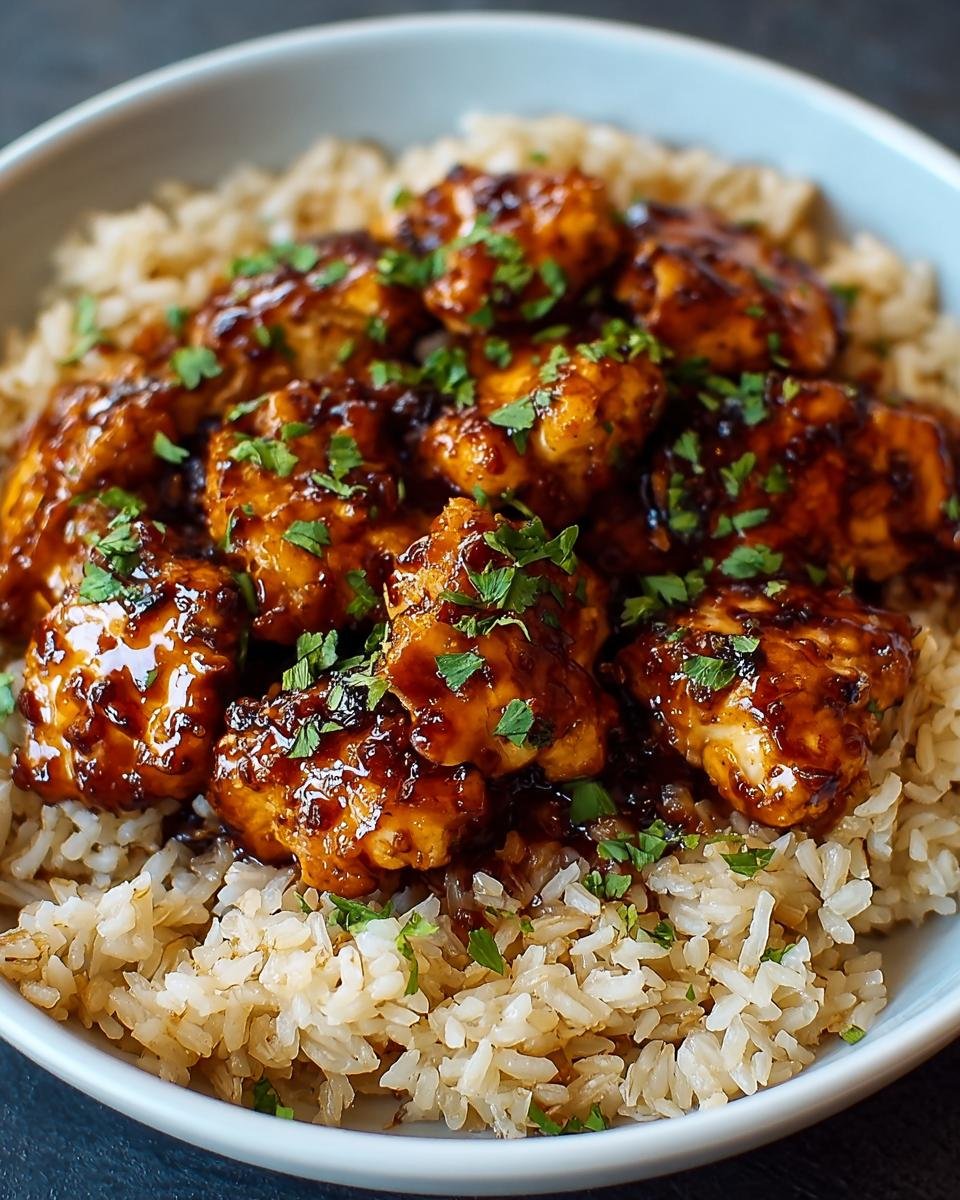 Bol de Riz au Poulet BBQ Miel garni de persil frais.