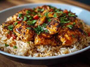 Gros plan sur du riz au poulet BBQ miel, garni de persil frais et de poivrons rouges.