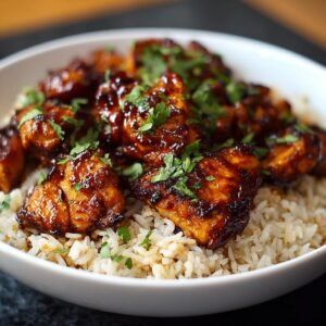 Gros plan sur un bol de riz au poulet BBQ miel, garni de persil frais.