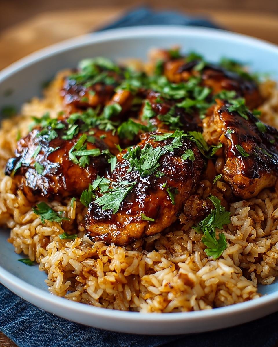 Gros plan sur du riz au poulet BBQ miel garni de persil frais. Le poulet est laqué et brillant.