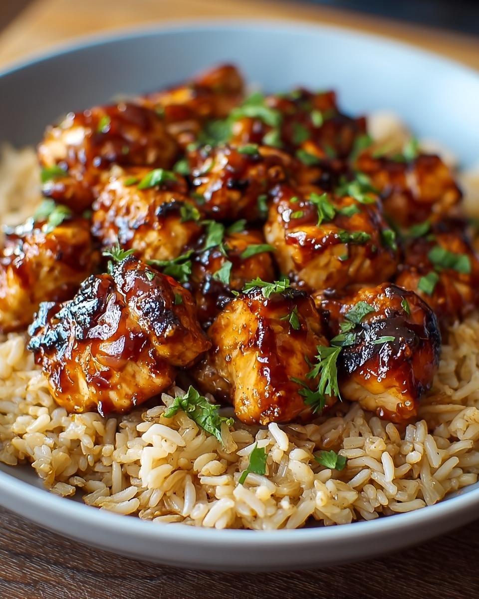 Gros plan sur un plat de Riz au Poulet BBQ Miel garni de persil frais.