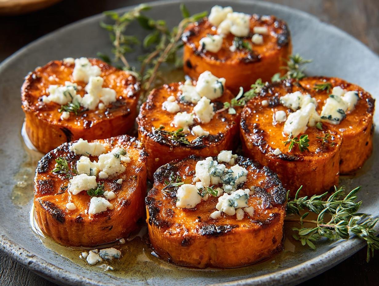 Gros plan de rondelles de patate douce au miel garnies de fromage bleu émietté et de thym.