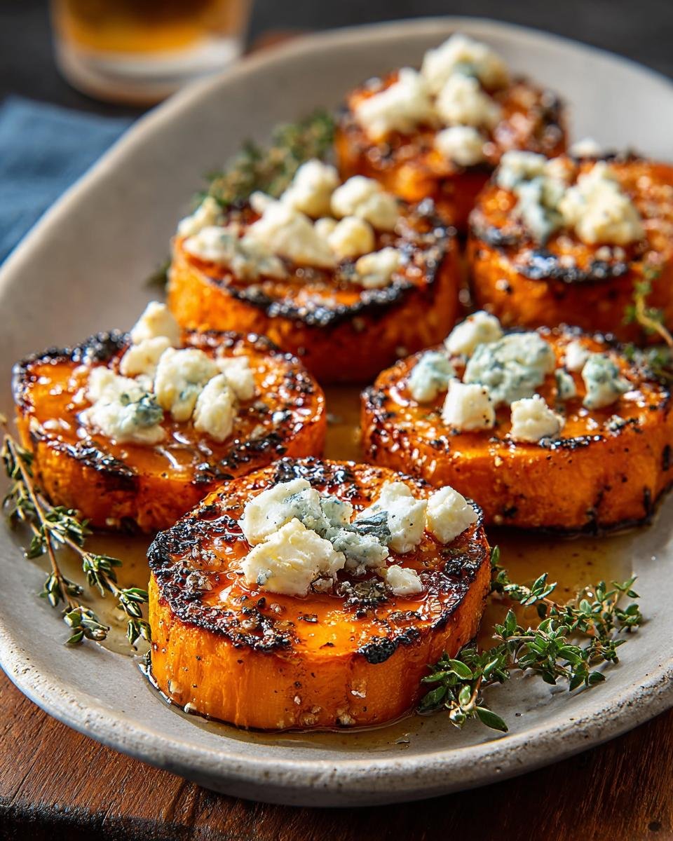 Gros plan sur des rondelles de patate douce caramélisées au miel, garnies de fromage bleu émietté et de thym frais.