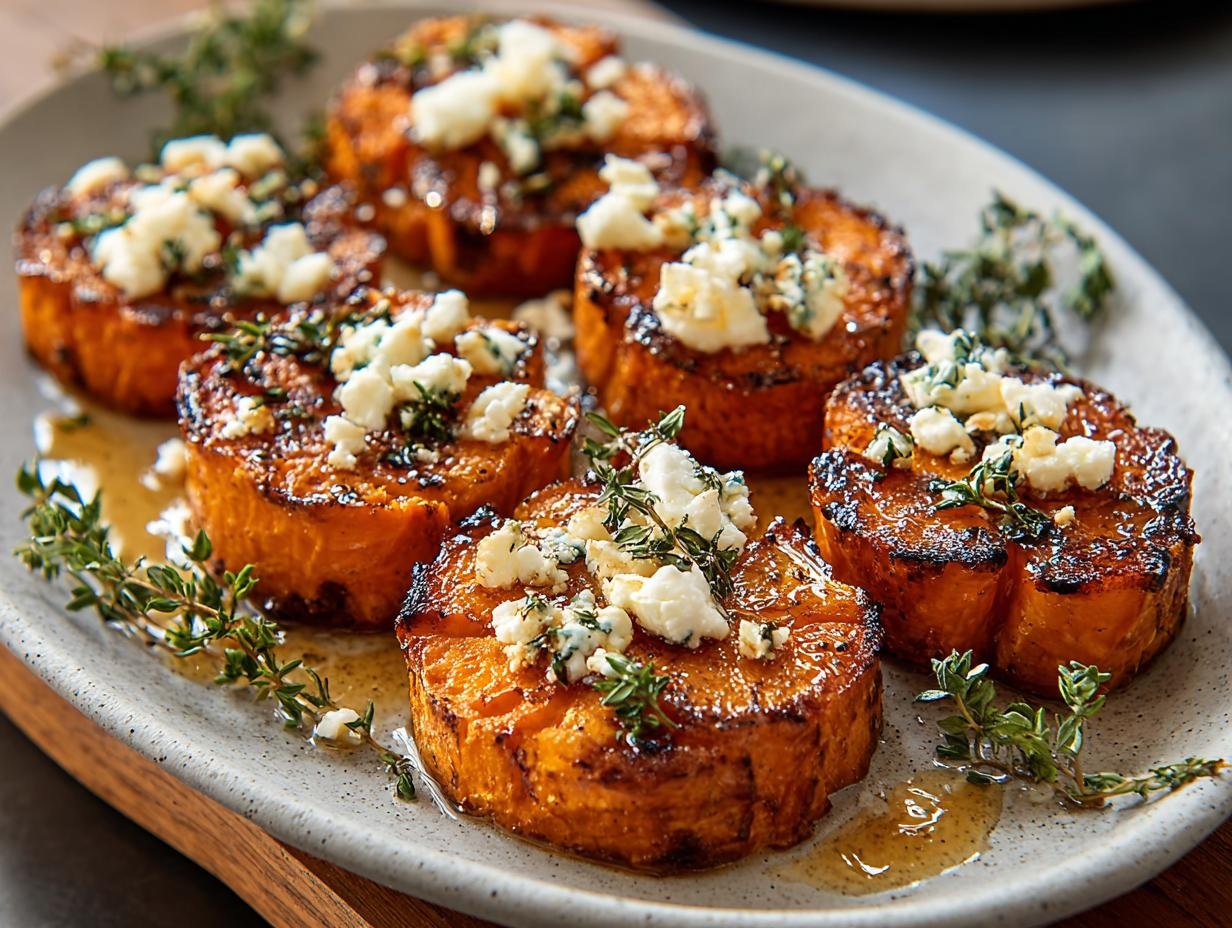 Gros plan sur des rondelles de patate douce au miel caramélisées, garnies de fromage émietté et de thym frais.