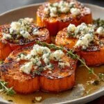 Quatre rondelles de patate douce caramélisées au miel, garnies de fromage bleu émietté et de thym frais.