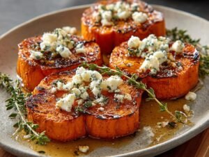 Quatre rondelles de patate douce caramélisées au miel, garnies de fromage bleu émietté et de thym frais.