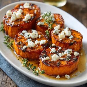 Rondelles de Patate Douce au Miel : 1 délice simple 5 Gros plan de rondelles de patate douce au miel garnies de fromage bleu émietté et de thym.