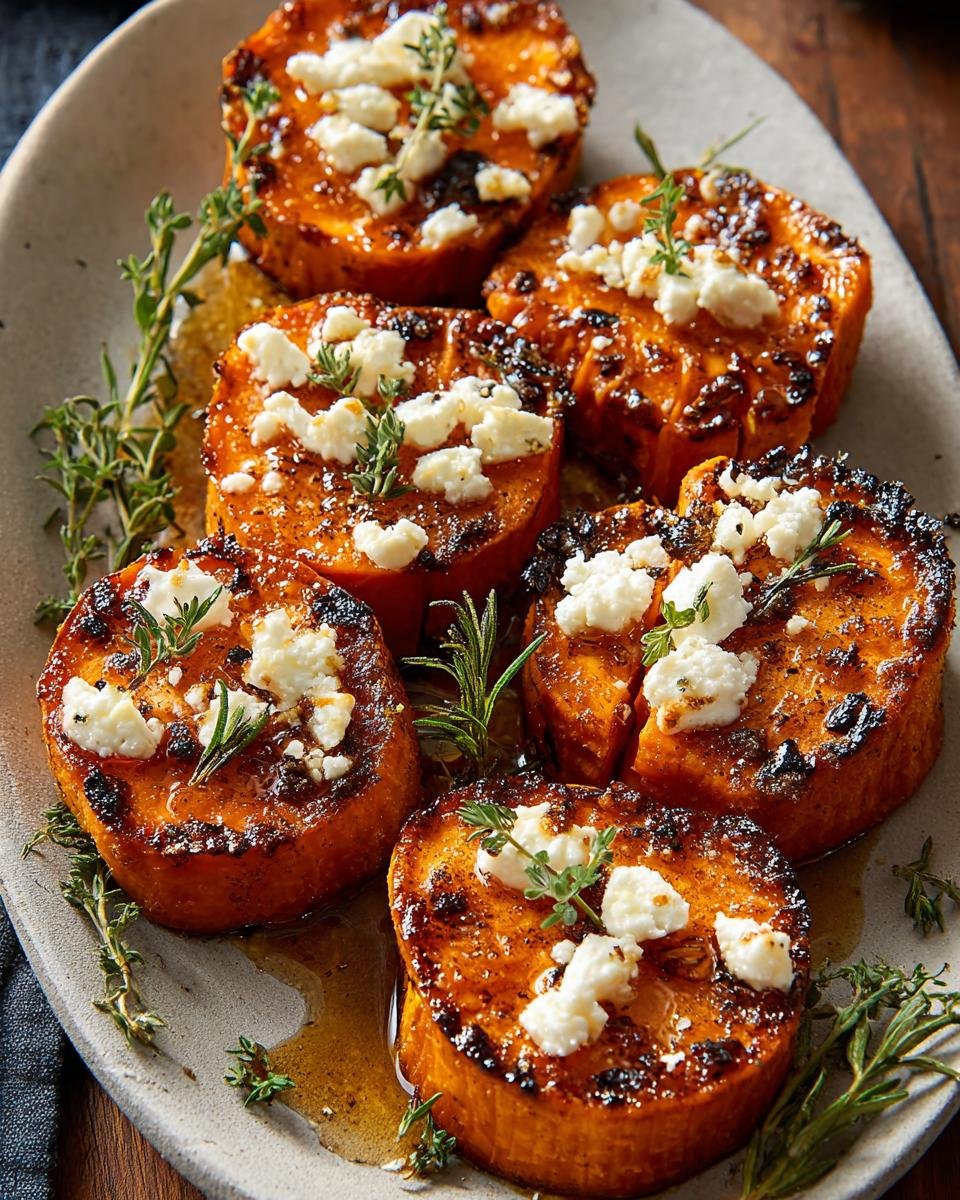 Gros plan de rondelles de patate douce au miel caramélisées, garnies de fromage émietté et d'herbes fraîches.