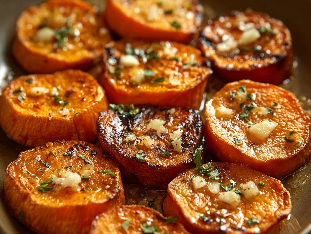 Rondelles de Patates Douces Rôties : 2 secrets divins 2 Gros plan sur de délicieuses rondelles de patates douces rôties, garnies d'ail et d'herbes fraîches.