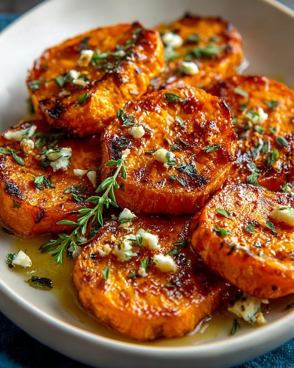 Rondelles de Patates Douces Rôties : 2 secrets divins 4 Gros plan sur des rondelles de patates douces rôties, garnies de fromage bleu émietté et d'herbes fraîches.