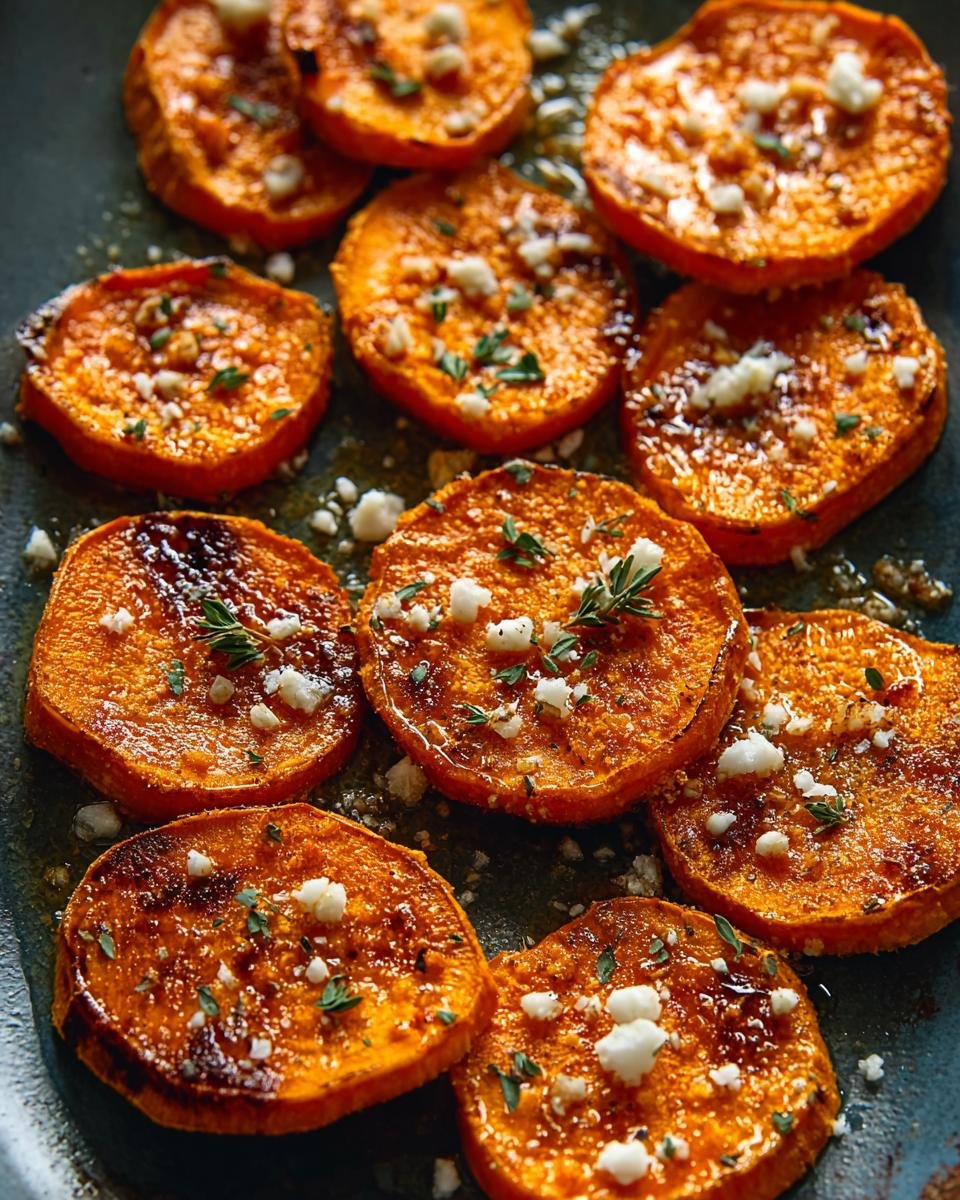Rondelles de Patates Douces Rôties : 2 secrets divins 3 Gros plan sur des rondelles de patates douces rôties, garnies de feta émiettée et de thym frais.