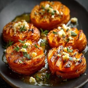 Gros plan sur des rondelles de patates douces rôties, garnies de fromage émietté et d'herbes fraîches.