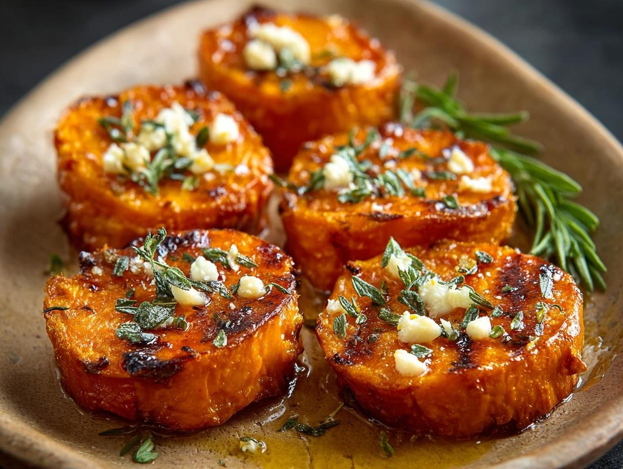 Rondelles de Patates Douces Rôties : 2 secrets divins 1 Gros plan sur des rondelles de patates douces rôties, garnies d'herbes fraîches et de fromage.