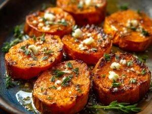 Gros plan sur des rondelles de patates douces rôties, garnies de thym frais et de fromage émietté.