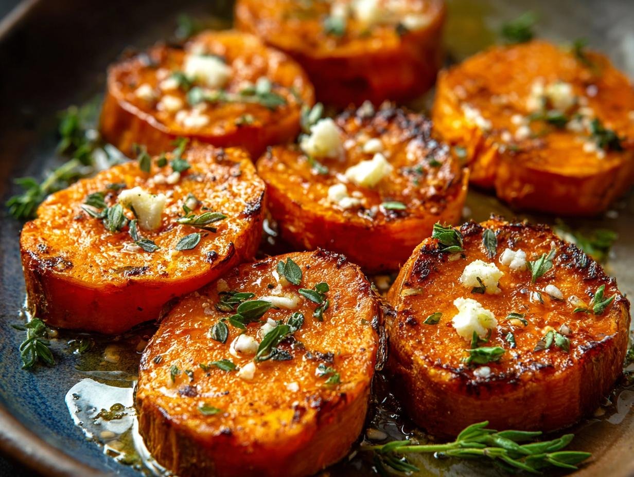 Gros plan sur des rondelles de patates douces rôties, garnies de thym frais et de fromage émietté.