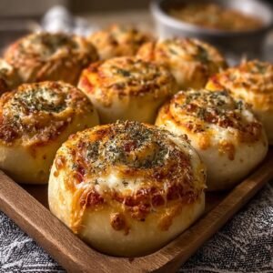 Gros plan sur des rouleaux pizza levain dorés, garnis de fromage fondant et d'herbes.