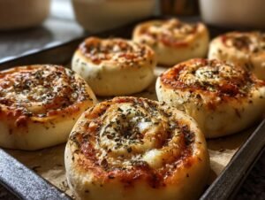 Gros plan sur des rouleaux de pizza au levain faits maison, garnis de sauce tomate, fromage et herbes.