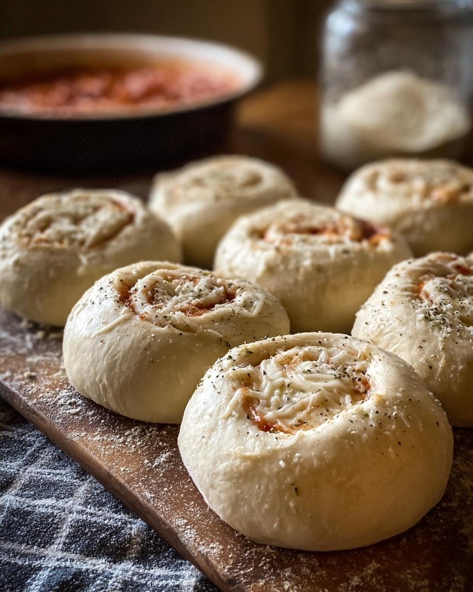 Gros plan sur des rouleaux de pizza au levain garnis de sauce tomate et de fromage râpé, prêts à être cuits.