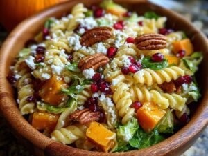 Gros plan d'une salade de pâtes d'automne dans un bol en bois, garnie de courge, grenade et noix.