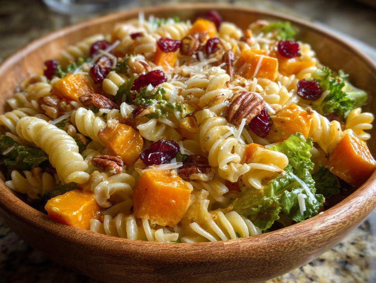 Salade de Pâtes d'Automne : 450 calories 4 Gros plan d'une Salade de Pâtes d'Automne dans un bol en bois avec des cubes de courge, des canneberges séchées et des noix de pécan.