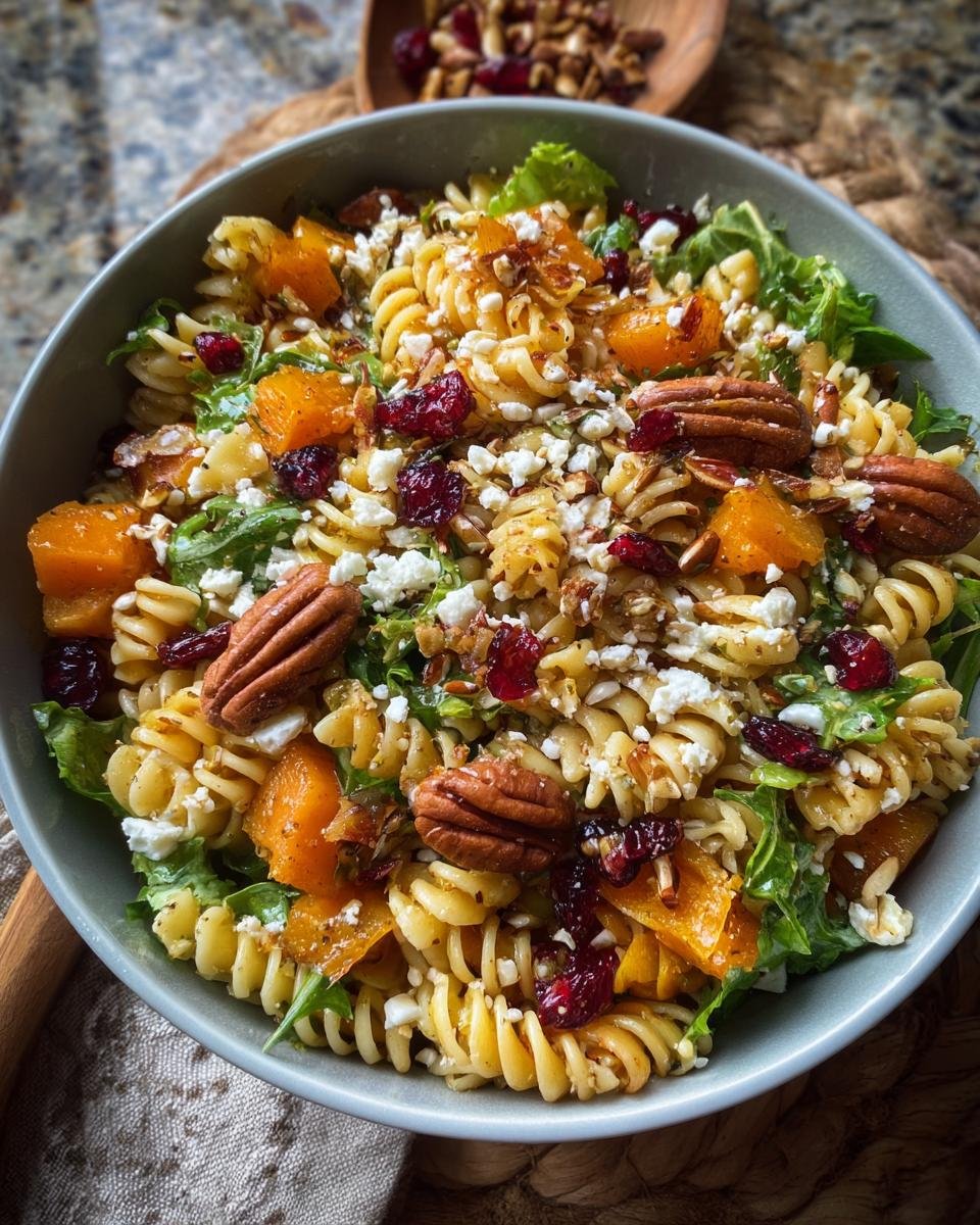 Salade de Pâtes d'Automne : 450 calories 1 Gros plan d'une salade de pâtes d'automne avec courge rôtie, canneberges séchées, noix de pécan et fromage émietté.
