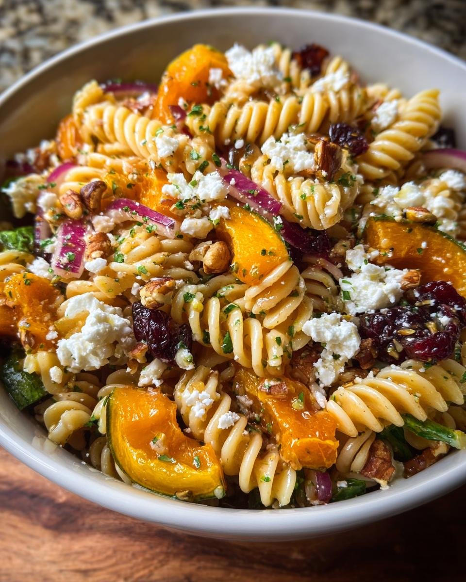 Salade de Pâtes d'Automne : 450 calories 2 Gros plan d'une Salade de Pâtes d'Automne avec courge rôtie, oignons rouges, noix et fromage émietté.