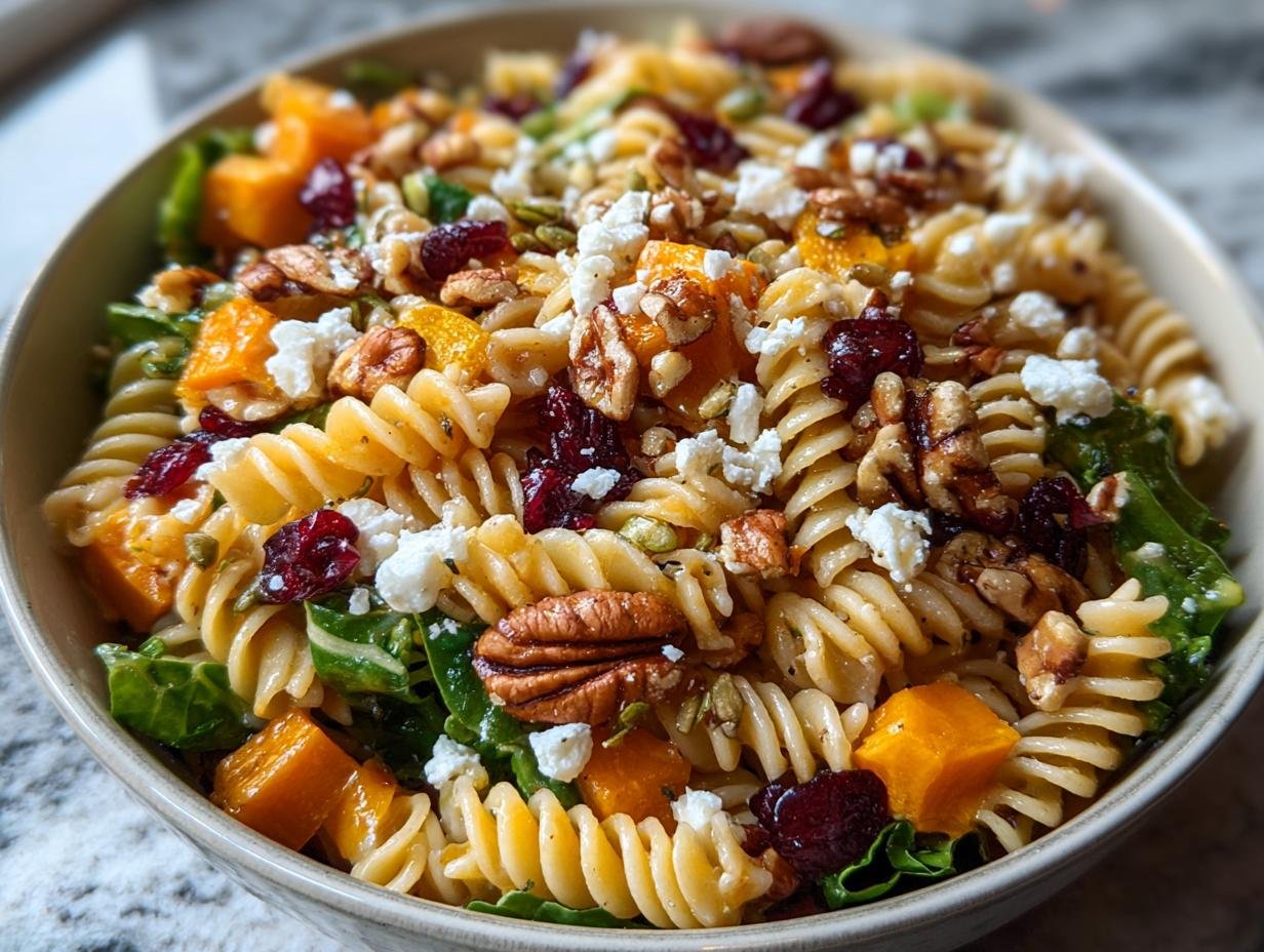 Salade de Pâtes d'Automne : 450 calories 5 Gros plan d'une Salade de Pâtes d'Automne avec courge, canneberges, noix et fromage feta.