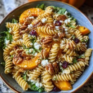 Gros plan d'une salade de pâtes d'automne avec des morceaux de courge, des noix de pécan, des canneberges et du fromage émietté.