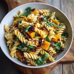 Gros plan d'une salade de pâtes d'automne facile avec des morceaux de courge, des canneberges séchées et des noix.