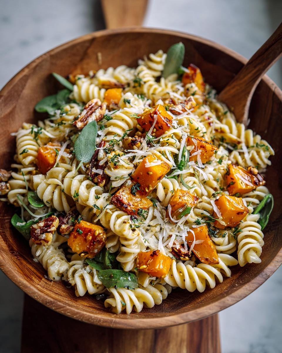 Gros plan d'une salade de pâtes d'automne facile, garnie de dés de courge rôtie, de noix de pécan et de fromage râpé.