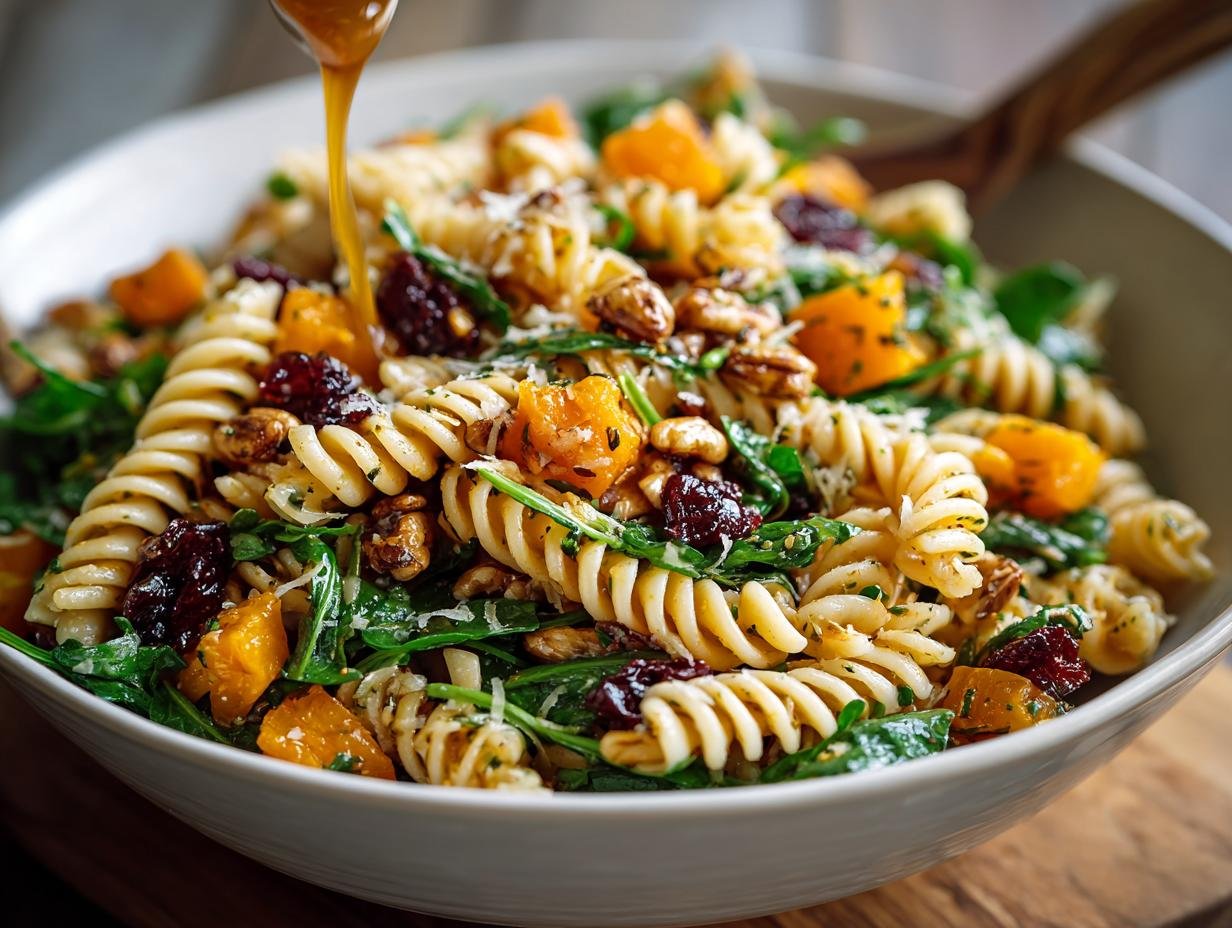 Gros plan d'une Salade de Pâtes d'Automne Facile avec courge, canneberges, noix et vinaigrette.