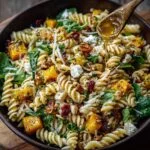 Gros plan d'une salade de pâtes d'automne facile avec des morceaux de courge, des épinards, du fromage et des noix, arrosée d'une vinaigrette.