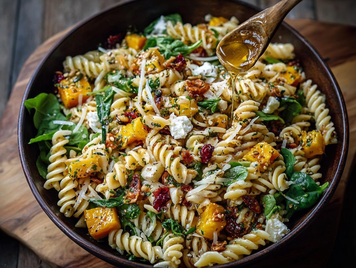 Gros plan d'une salade de pâtes d'automne facile avec des morceaux de courge, des épinards, du fromage et des noix, arrosée d'une vinaigrette.